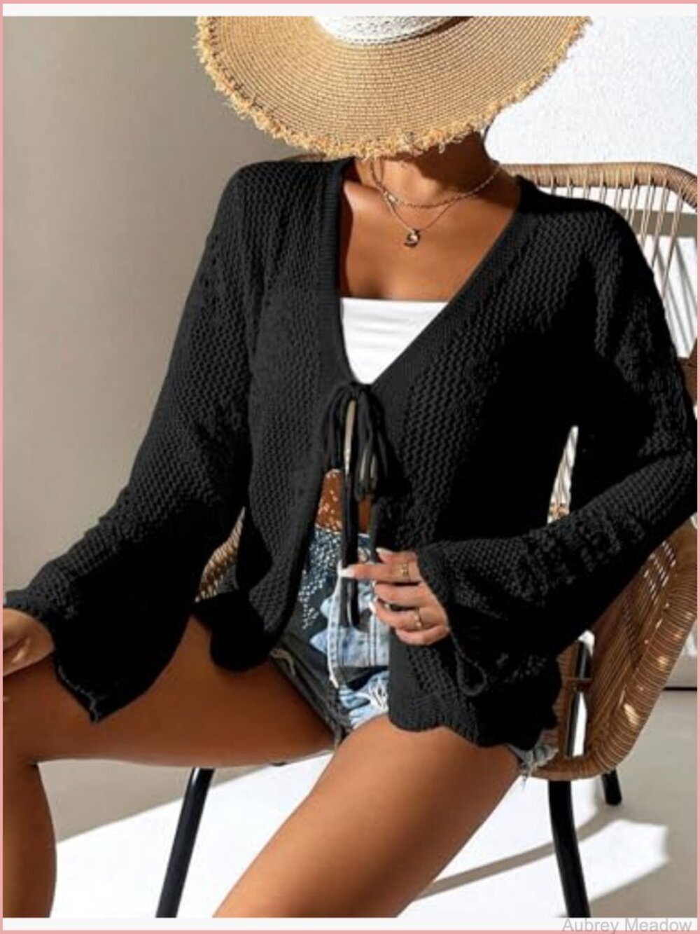 Lightweight Crochet Tie Front Long Sleeve Cardigan Summer Knit Cover Up - Picture 4 of 5